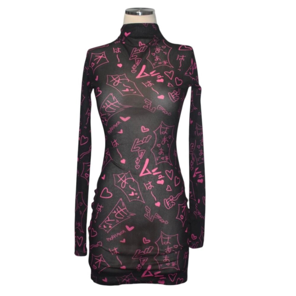 Moeflavor Sheer Mesh Manga Noises Stretch Mini Dress Long Sleeves High Neck XS S